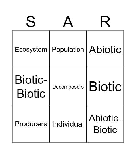 SAR Bingo Card