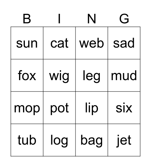 CVC words Bingo Card