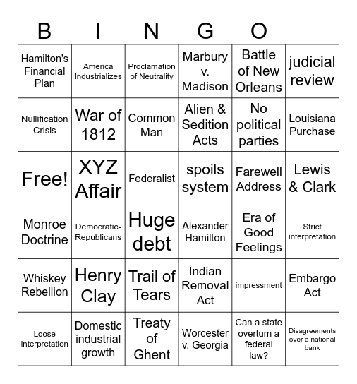 Early Republic Bingo Card