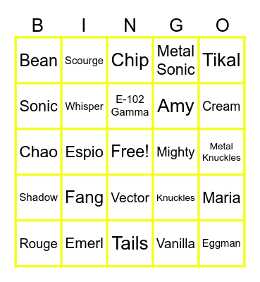 Sonic Character Bingo! Bingo Card