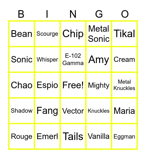 Sonic Character Bingo! Bingo Card