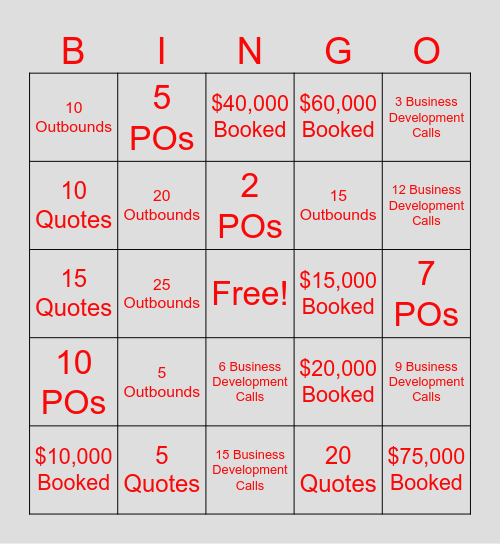 OCC Sales Bingo Card