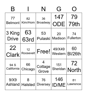 CTA Route BINGO Card