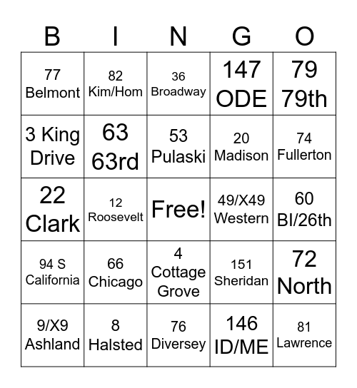 CTA Route BINGO Card