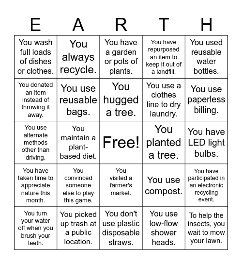 Earth Day Bingo Card