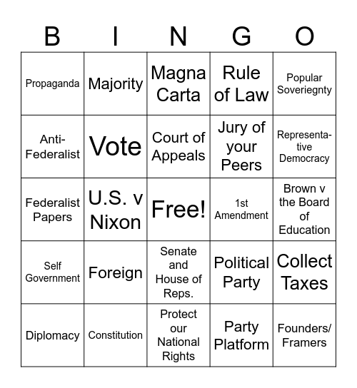 Civics EOC Review Bingo Card