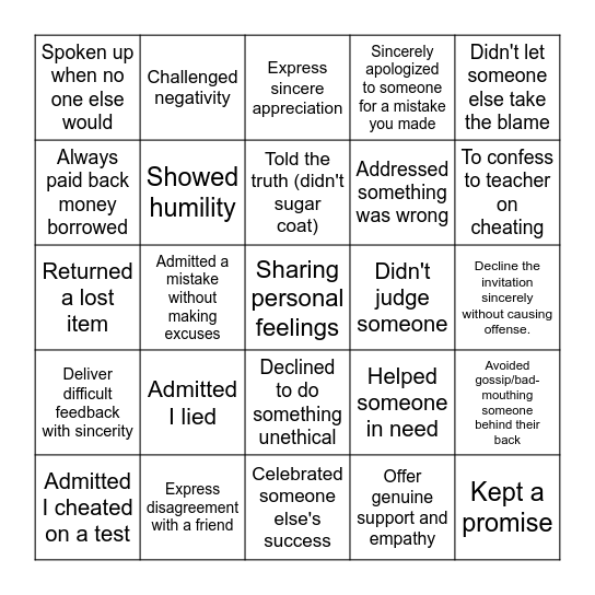 Sincerity Bingo - Assembly 17th June 2022 Bingo Card