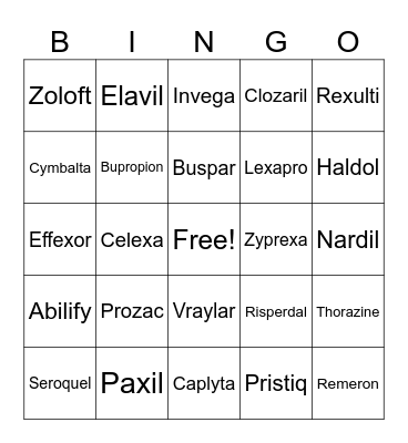 Mental Health Medication Bingo Card
