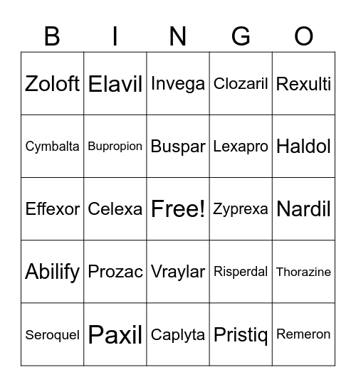 Mental Health Medication Bingo Card