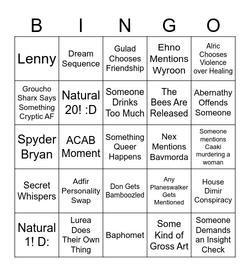 Ravnica DND Bingo Card