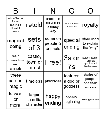 Oral Literature Bingo Card
