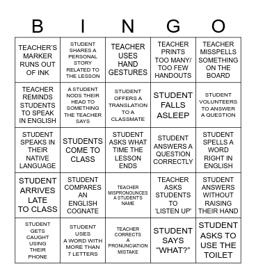 Classroom Bingo! Bingo Card