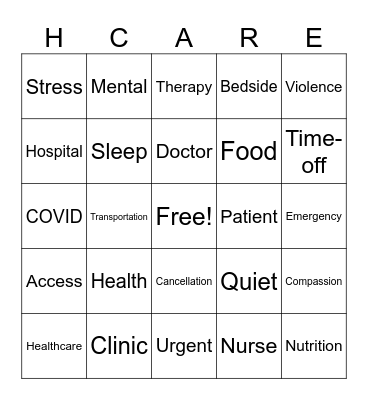 HealthCare Bingo Card