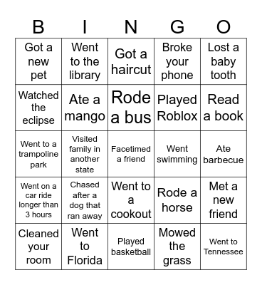 Spring Break Bingo Card