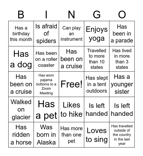 Get to know you Bingo Card