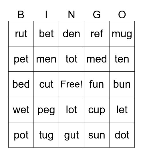 Short e, o, u Bingo Card