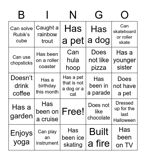 Get to Know You (Find someone Who) Bingo Card