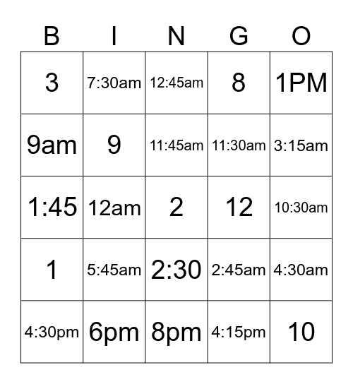 time Bingo Card