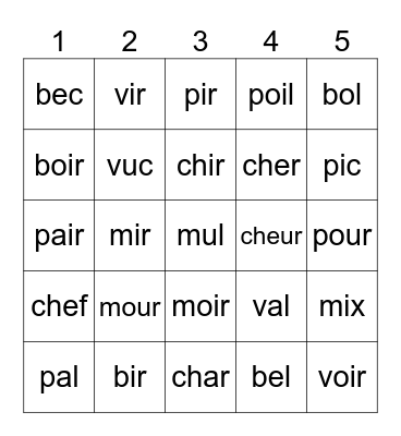 Roule et lis-CVC Bingo Card