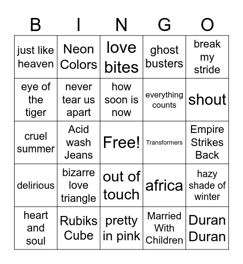 Totally 1980s Bingo Card