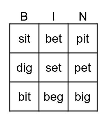 /e/ and /i/ Bingo Card