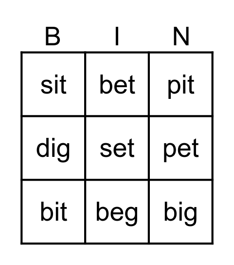 /e/ and /i/ Bingo Card