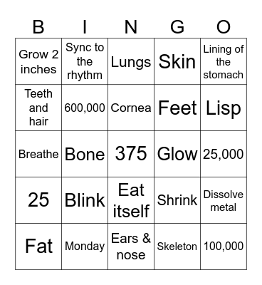 Strange Facts About the Human Body Bingo Card