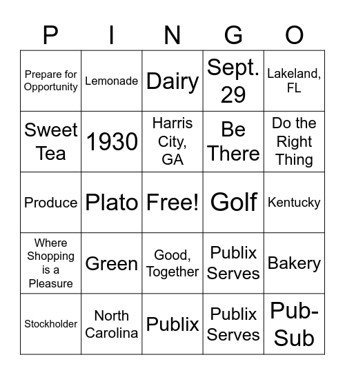 Publix Bingo Card