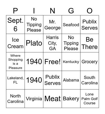 Publix Bingo Card