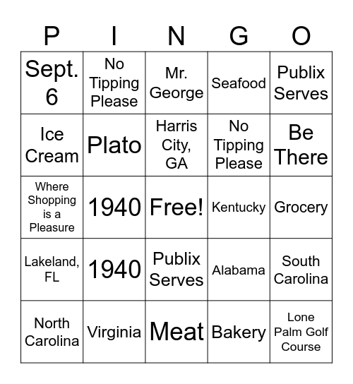 Publix Bingo Card