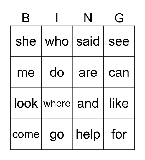 Sight Words Bingo Card