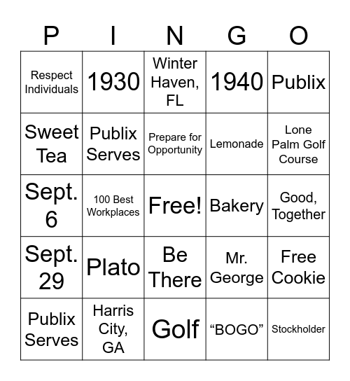 Publix BINGO! Bingo Card