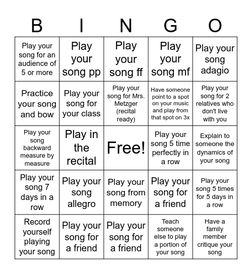 Recital Preparation Bingo Card