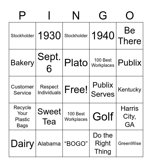 Publix BINGO! Bingo Card