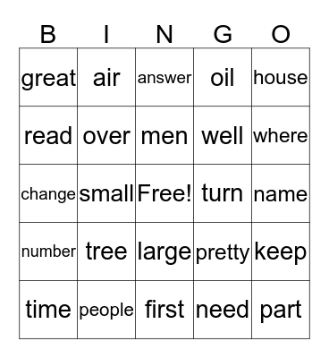 Sight Word Bingo Card