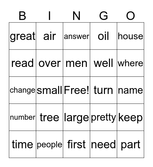 Sight Word Bingo Card