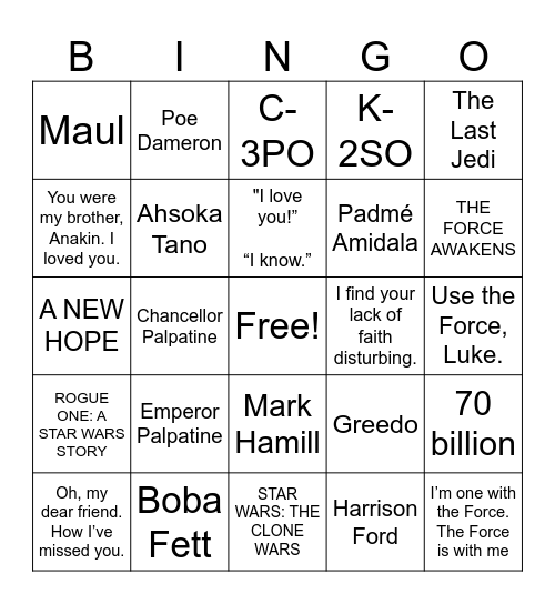 Star Wars Bingo Card