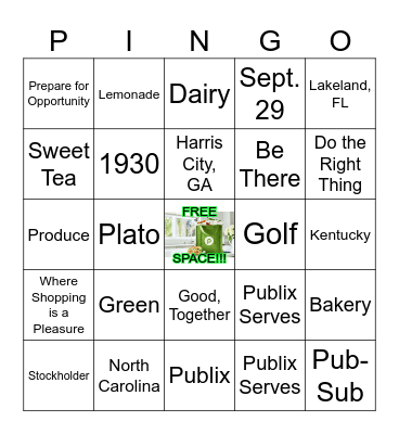 Publix BINGO! Bingo Card