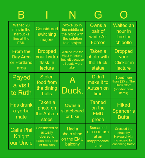 OREGON DUCKS EDITION 🦆 Bingo Card