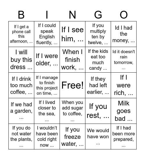 A review of conditionals Bingo Card