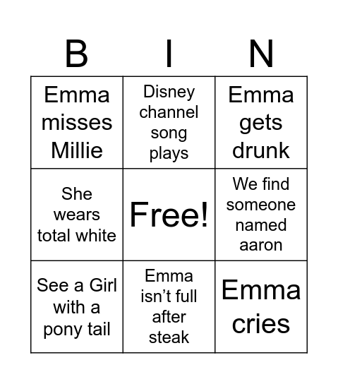 Emma Bingo! Bingo Card