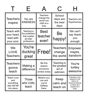 Teacher Appreciation Bingo Card