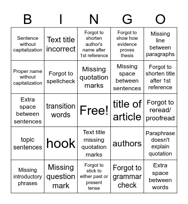 Essay Bingo Card