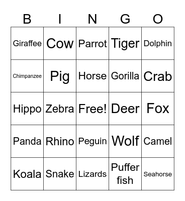Animal Kingdom Bingo Card
