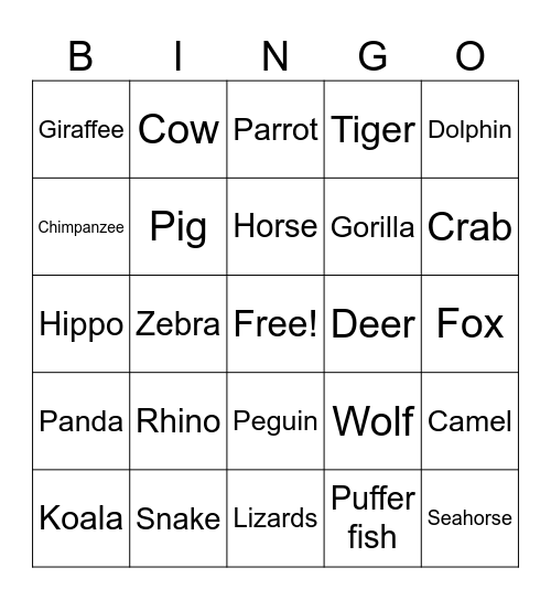 Animal Kingdom Bingo Card