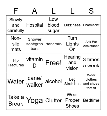 Falls Prevention Bingo Card