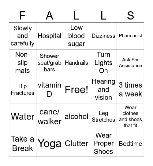 Falls Prevention Bingo Card