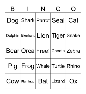 Animals Bingo Card