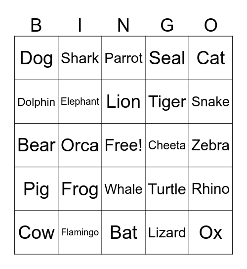 Animals Bingo Card