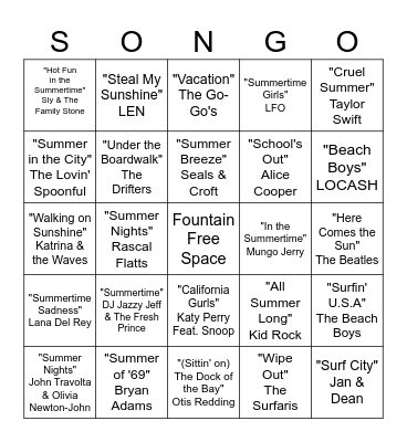 Fountain Virtual Summertime Songo Bingo! Bingo Card